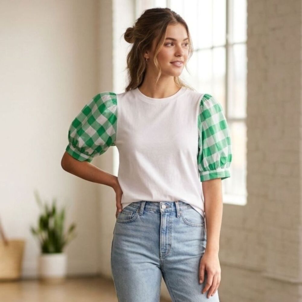 Who What Wear Green Gingham Puff Sleeve Top XS White Tee Balloon Sleeve Boho